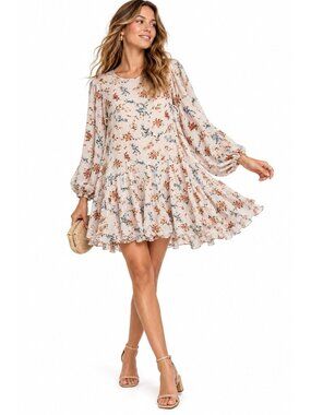 NEW BALTIC BORN GALIA dress beige floral MEDIUM mini ruffle long sleeve autumn
